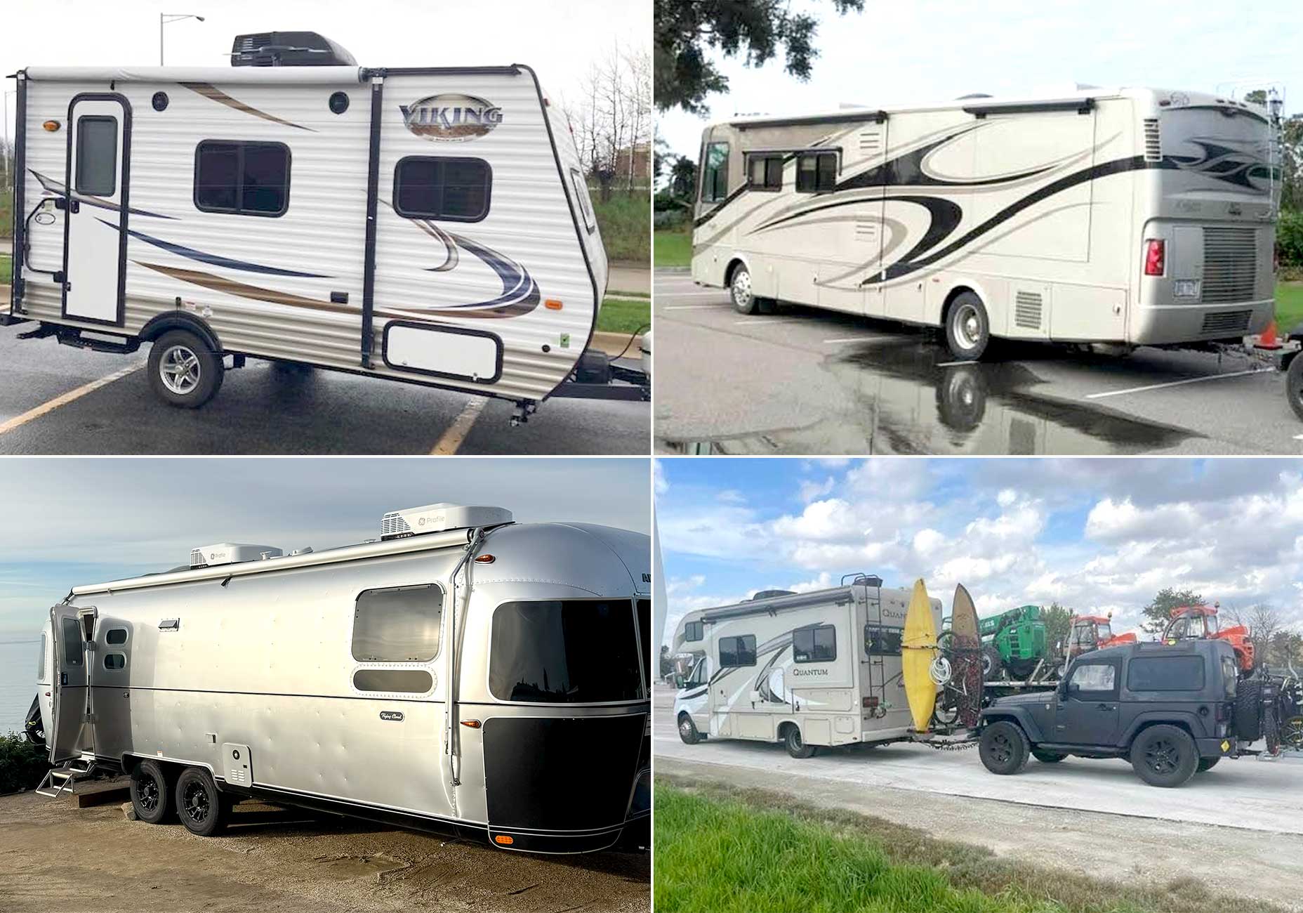 A collage of four RVs: a small Viking travel trailer, a large white motorhome, a silver Airstream trailer, and an RV towing a Jeep with surfboards&mdash;an adventurous scene from the Wizard of Odd on KTKT.