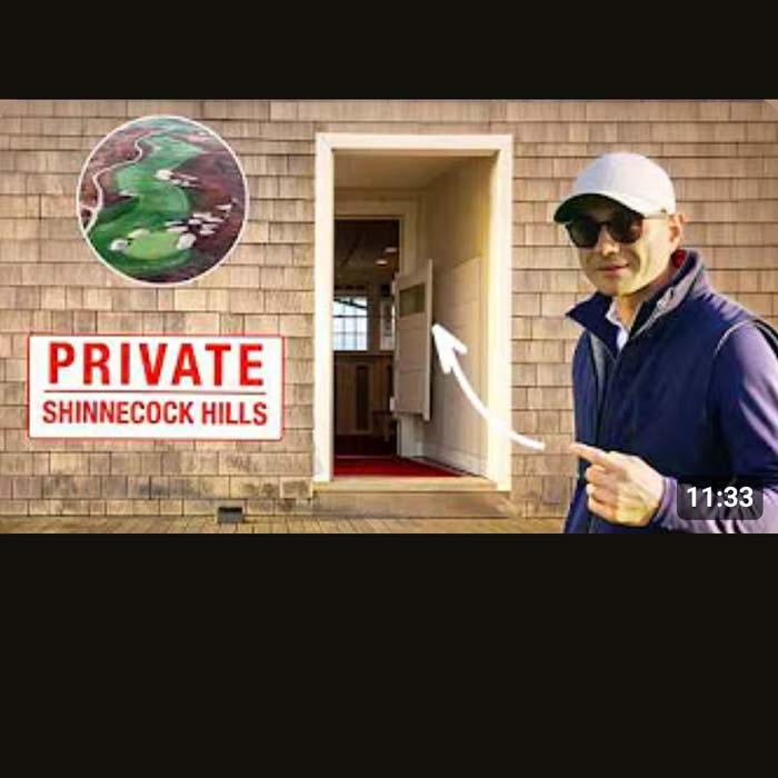 A man in sunglasses and a hat stands outside a wooden building, pointing at an open door. A PRIVATE SHINNECOCK HILLS sign and a golf course aerial image highlight the exclusive golf setting. Video timestamp: 11:33.