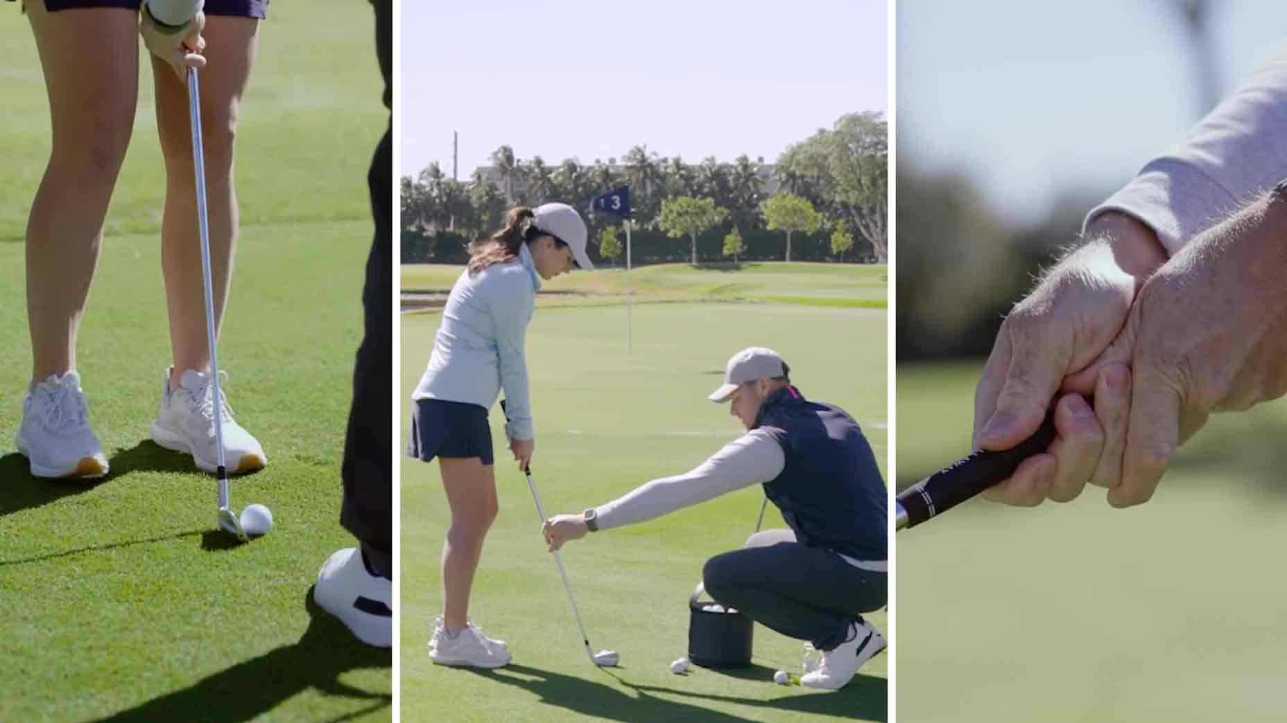 A golf instructor teaches a woman how to putt: close-up of feet and ball, instructor guiding her stance with simple steps, and a close-up of hands gripping a golf club as the golfer prepares for the next shot.