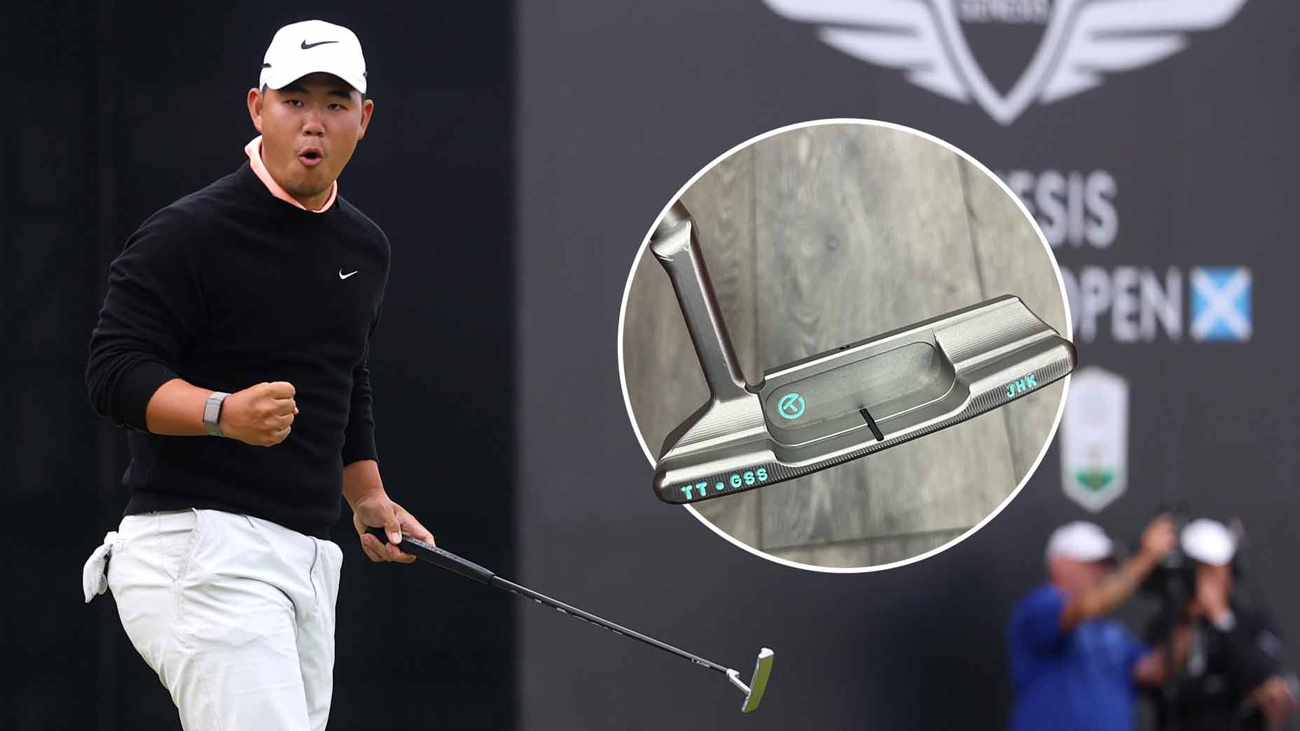 A golfer clenches his fist in celebration on a course, while an inset shows a close-up of a silver putter—a key highlight in this champion’s WITB. Two photographers are visible in the blurred background.