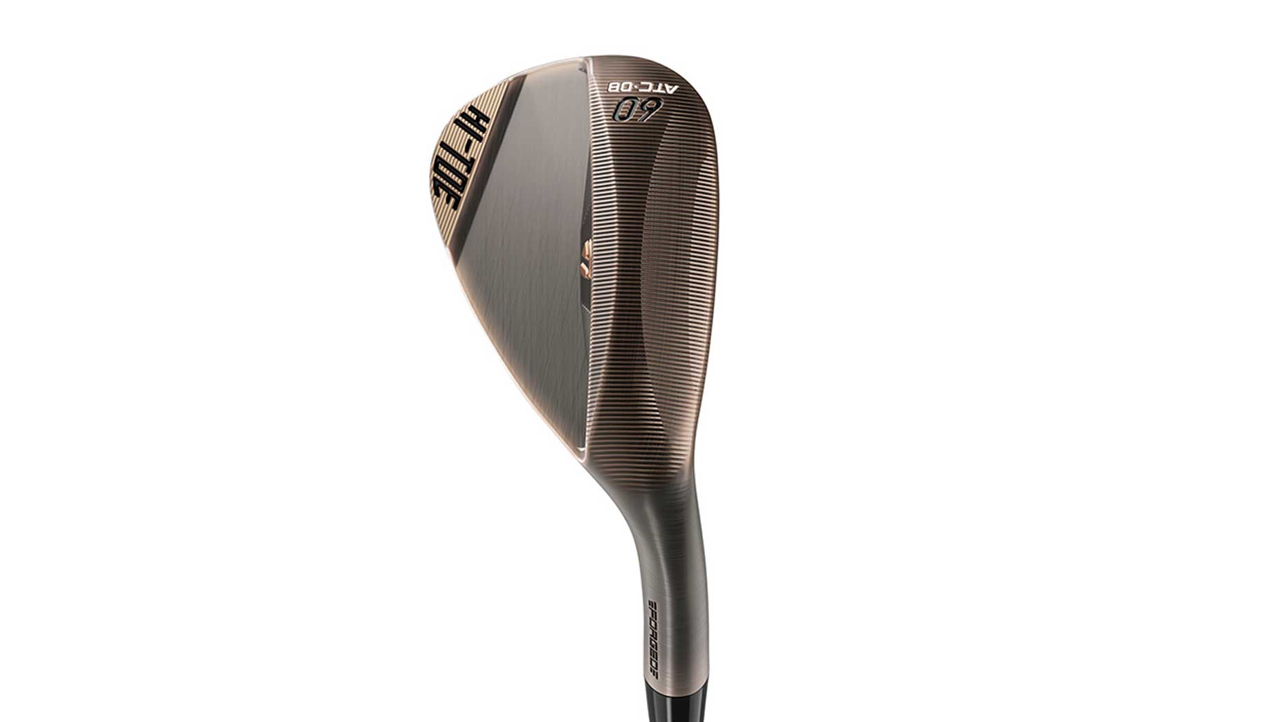 A close-up view of a TaylorMade golf wedge with a metallic finish, labeled Hi Toe 50 ATC-08, showcases its forged construction and textured face, highlighting the sleek design of the Hi-Toe wedges against a white background.