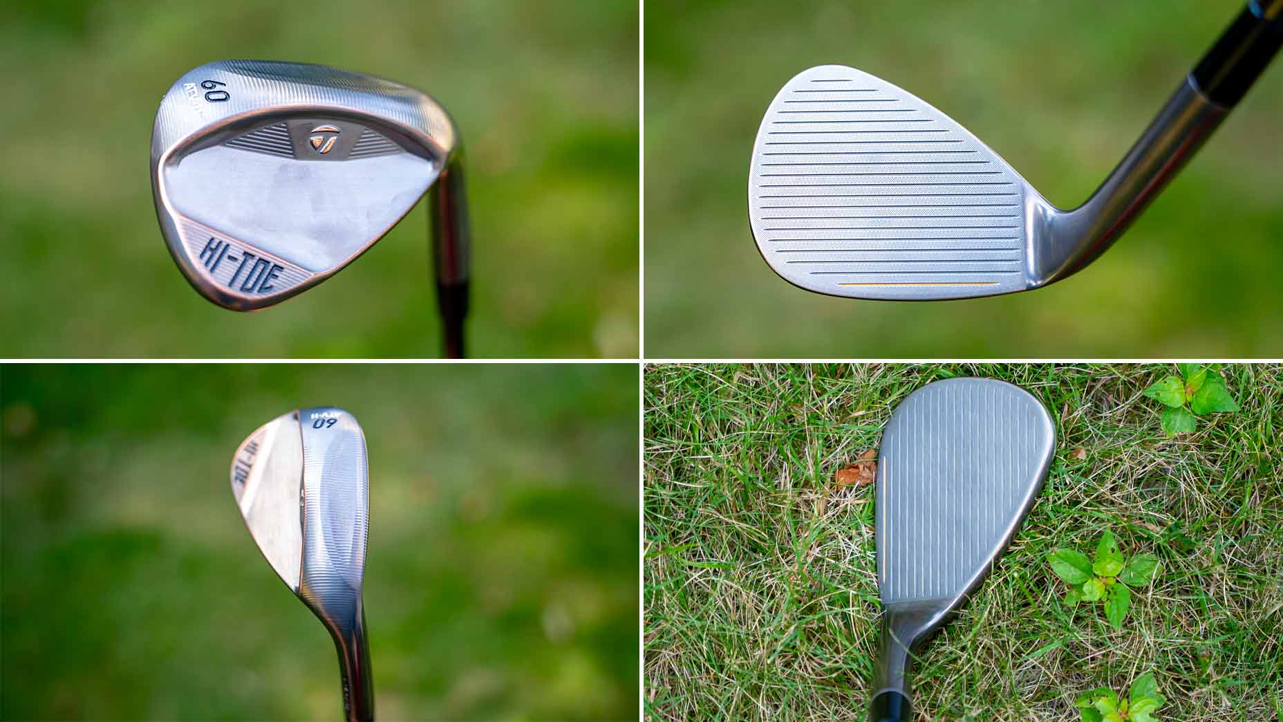 Four views of a TaylorMade Hi-Toe 5 wedge: its back, face, sole, and address position, shown on a grassy background. The club features 60 and Hi-Toe markings.