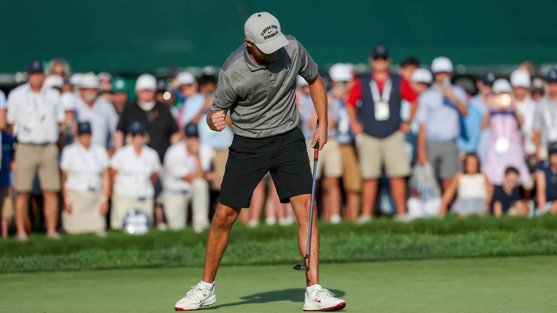 Jack Whaley celebrates winning his semifinal match at the U.S. Amateur