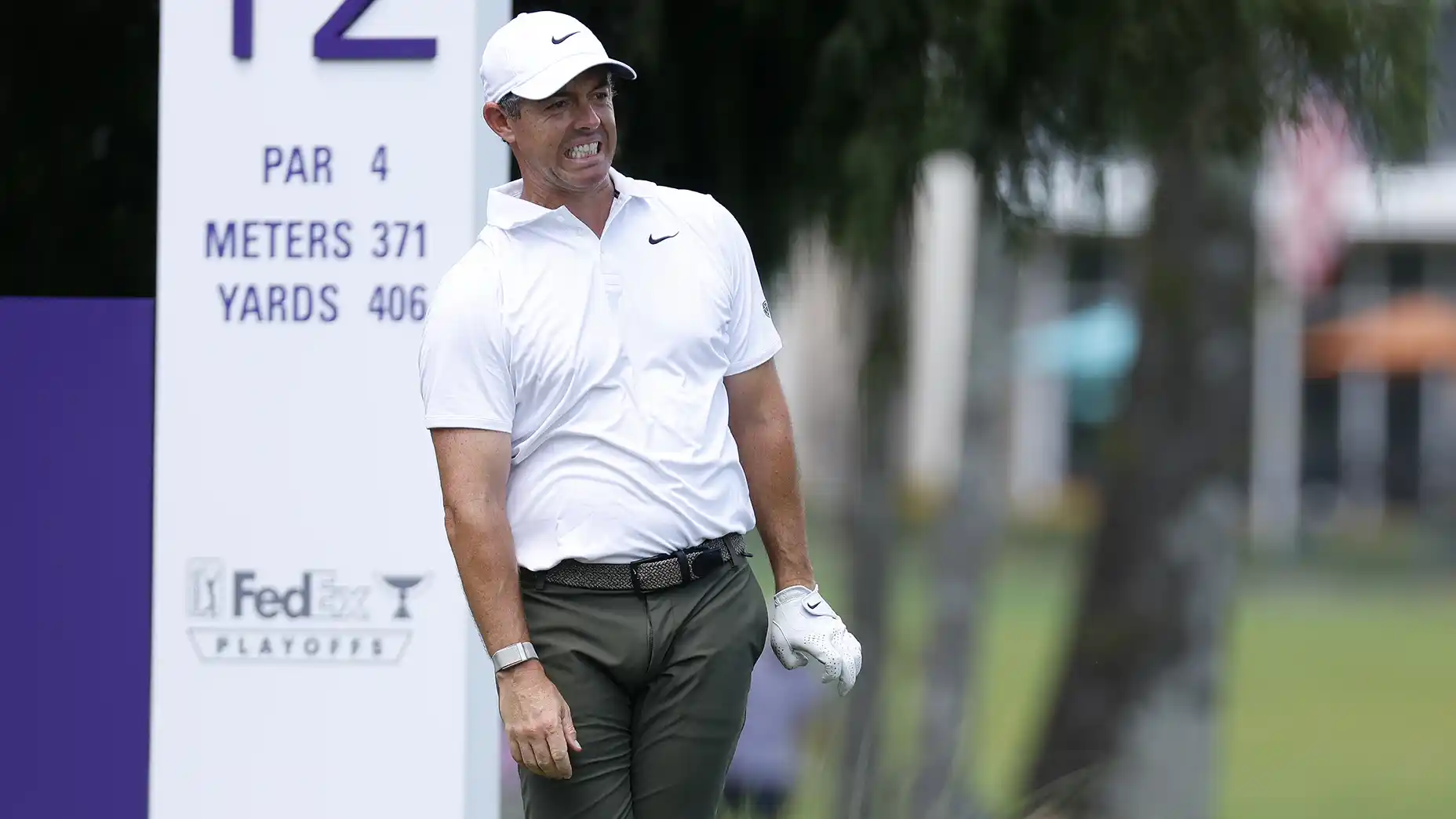 Rory McIlroy grimaces after bad shot at 2026 FedEx St. Jude Championship.